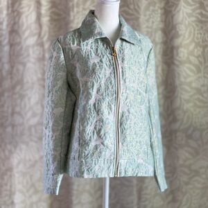 NWOT Draper's & Damon's Jacquard Brocade Blazer Zip Up Jacket Green Gold Size PL
